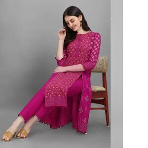 ASIAN ATTIRE FULL SET EMBROIDERED BLENDED COTTON INDIAN OUTFIT WOMEN SIZE XL